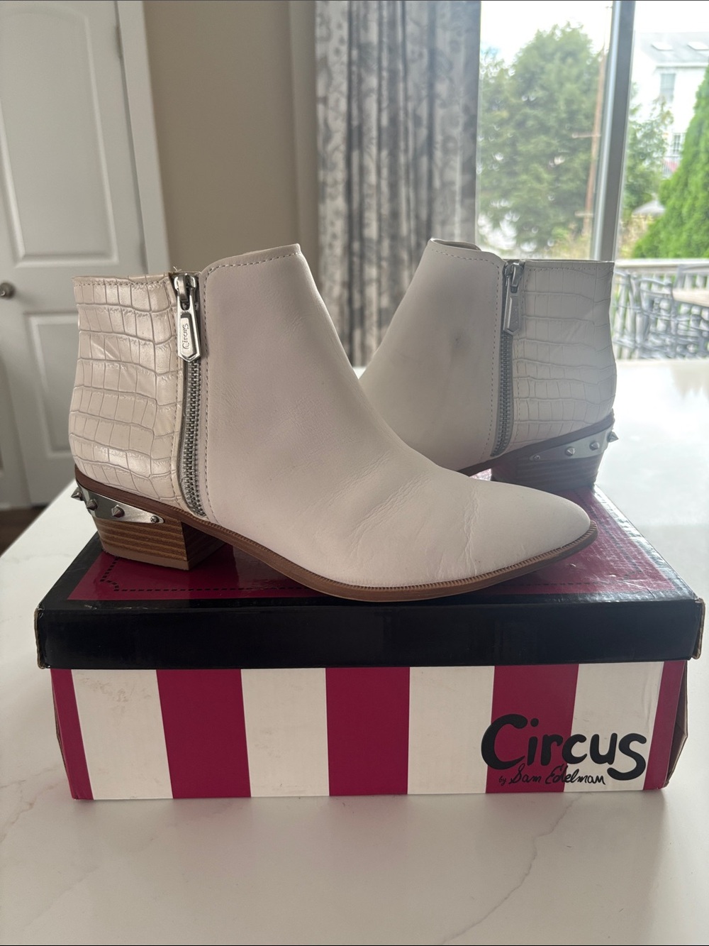 Circus by Sam Edelman Creamy White Leather Croc-Accent Ankle Boots